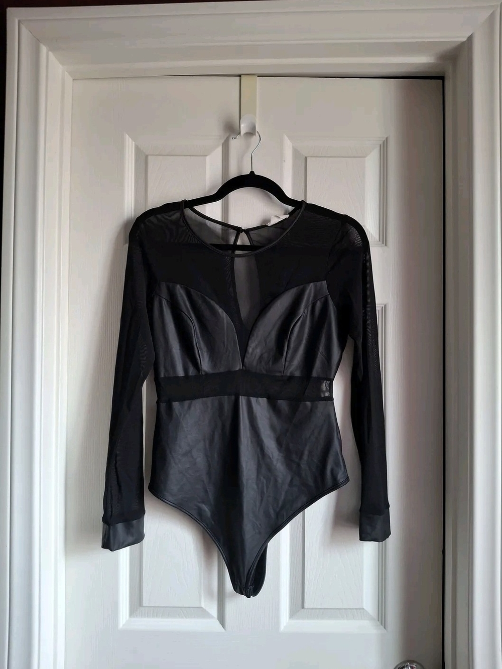 GUC Size Large. OLIVE TREE Black Faux Leather & Sheer Bodysuit w//Thong Bottom